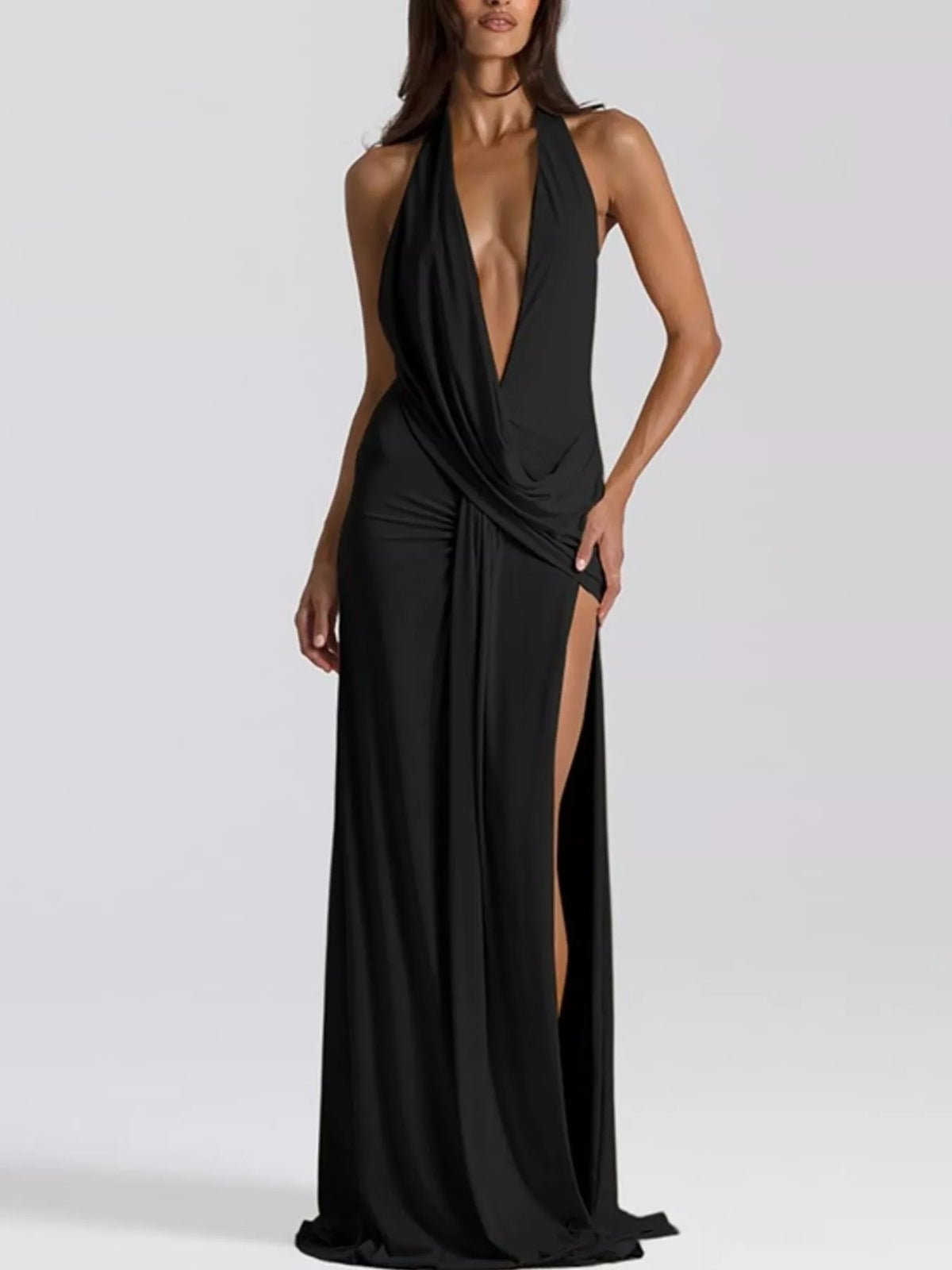 Sable split backless halter neck dress front view on model