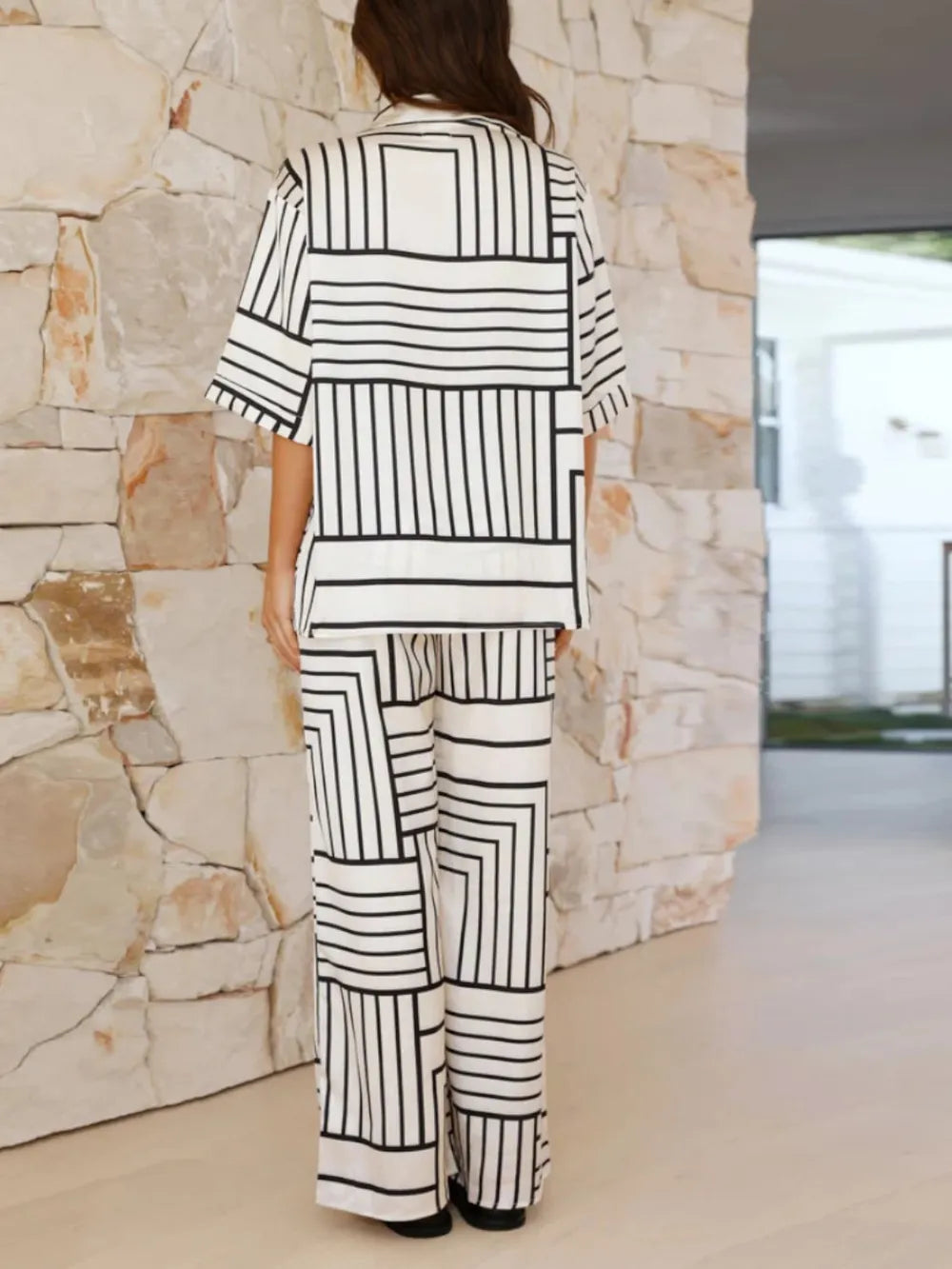 White matching button down top and pants set side view