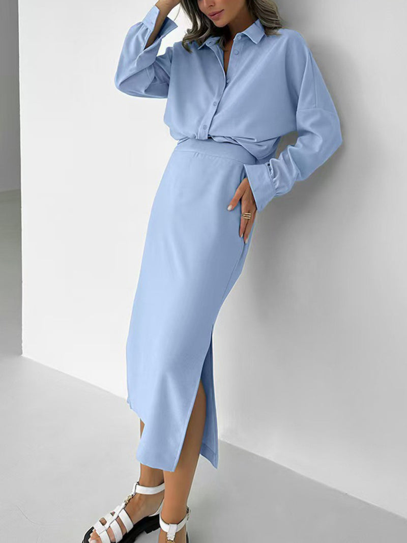 Long sleeve shirt and slit midi skirt set front view