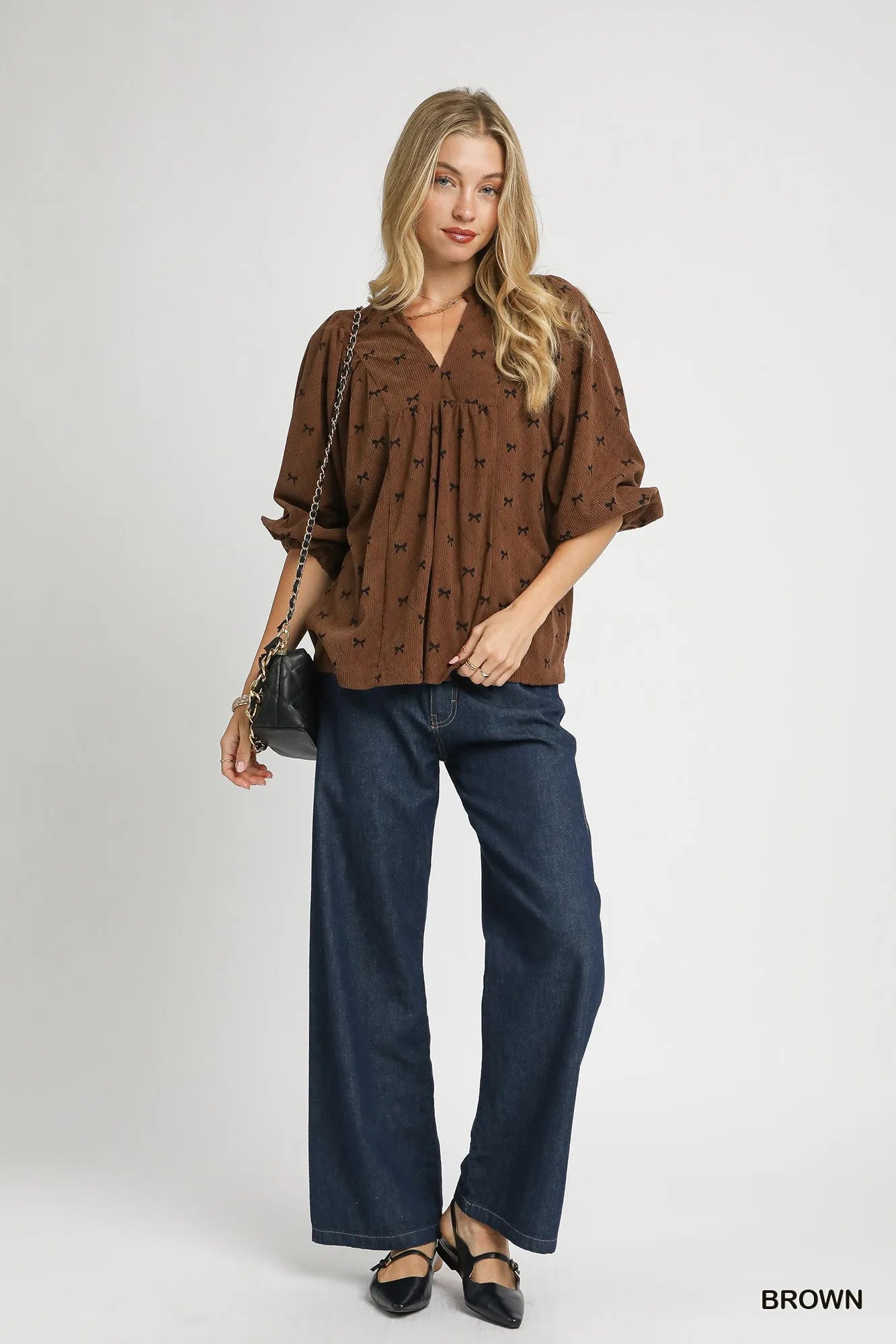 Umgee Corduroy Bow Print Balloon Sleeve Blouse - Fashorio