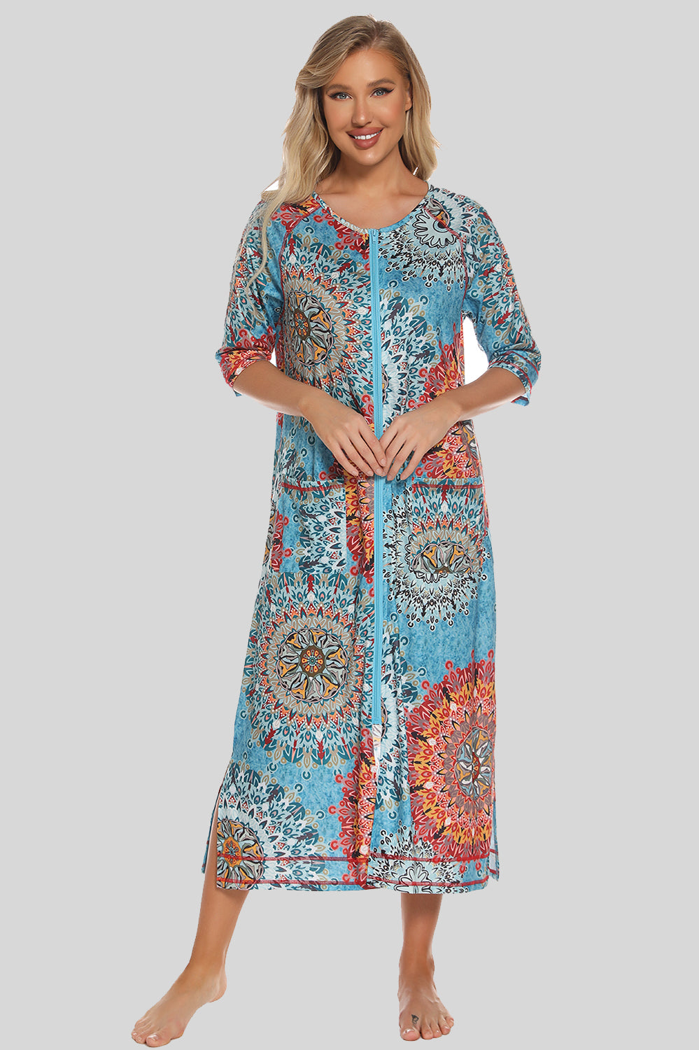 Printed Slit Night Dress with Pockets Azure - Fashorio