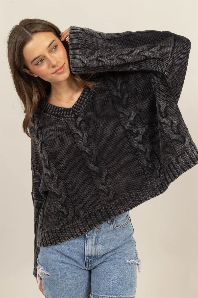 Oversized Cable Knit V Neck Sweater in Charcoal
