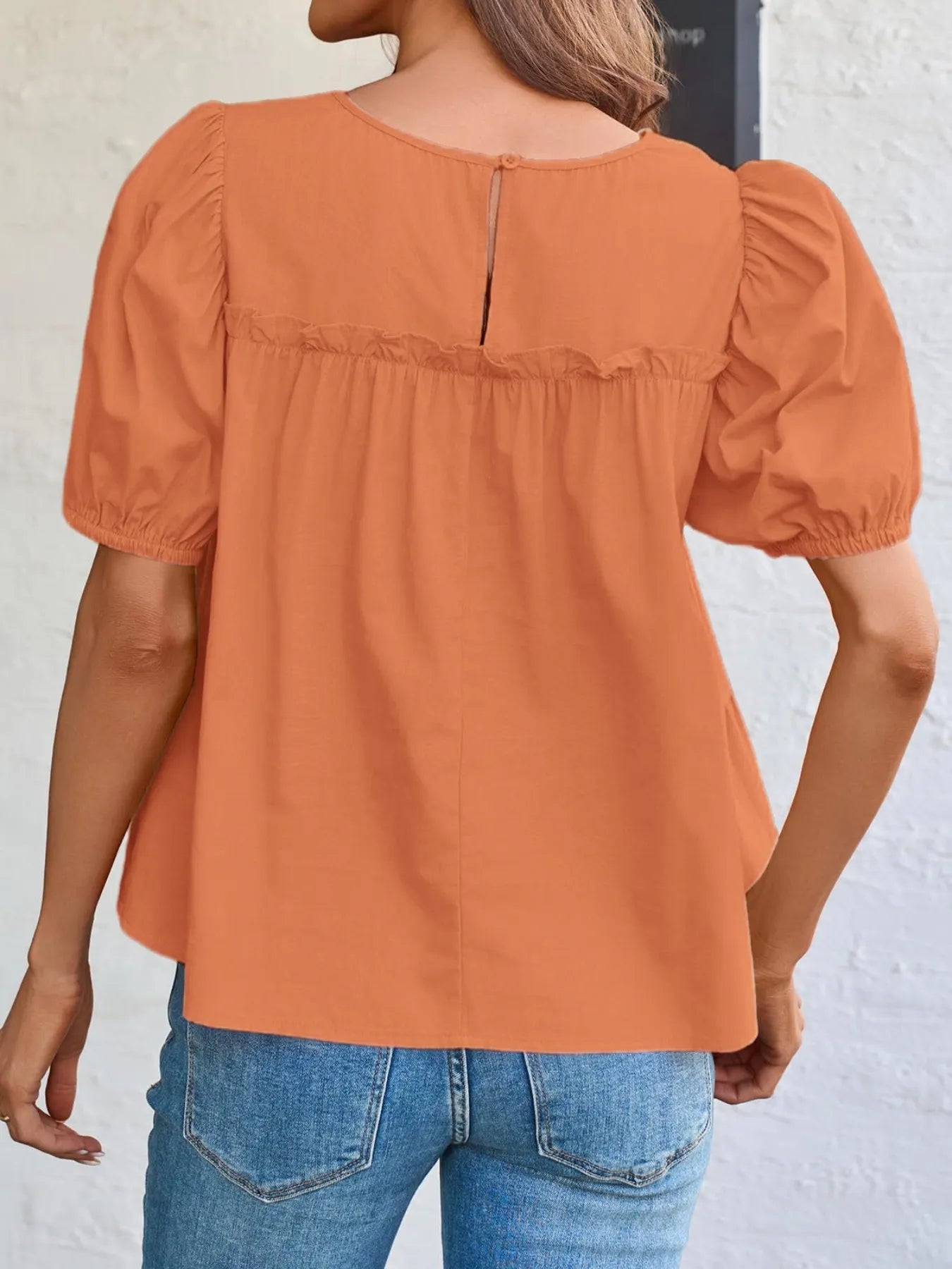 Tiered Round Neck Puff Sleeve Ruched Blouse - Fashorio