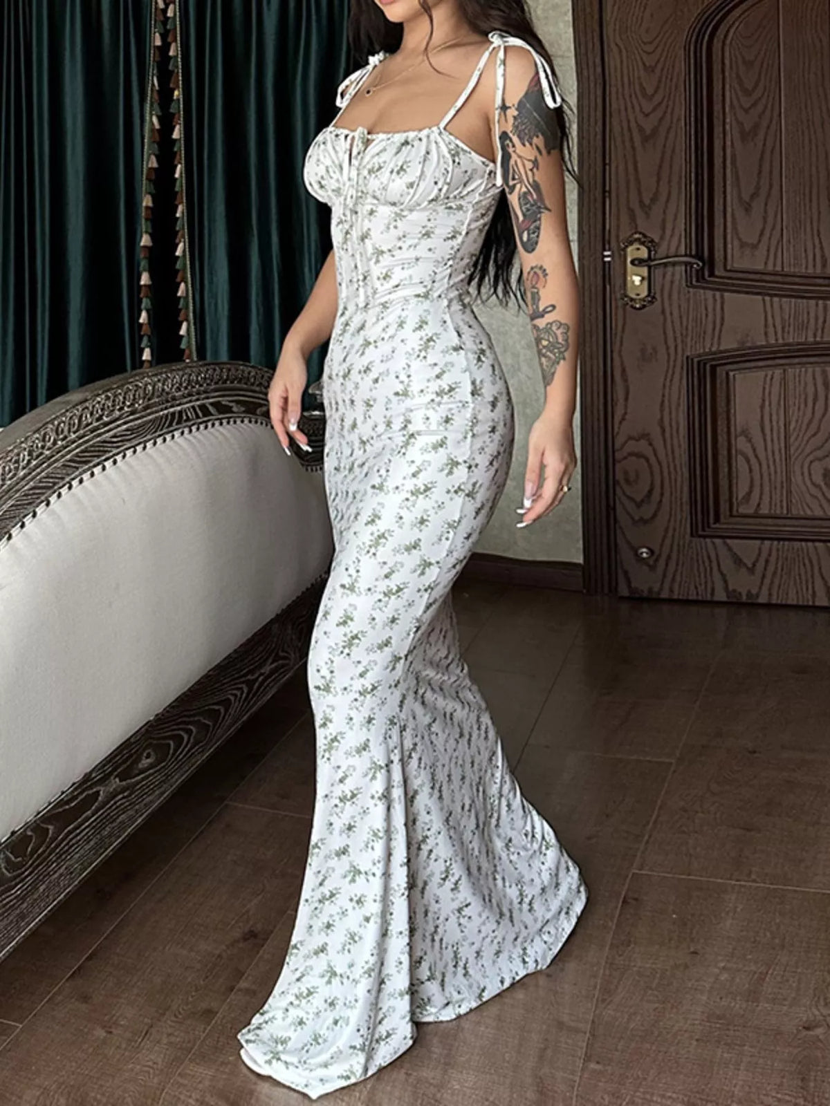 Floral tie strap bodycon maxi dress back view