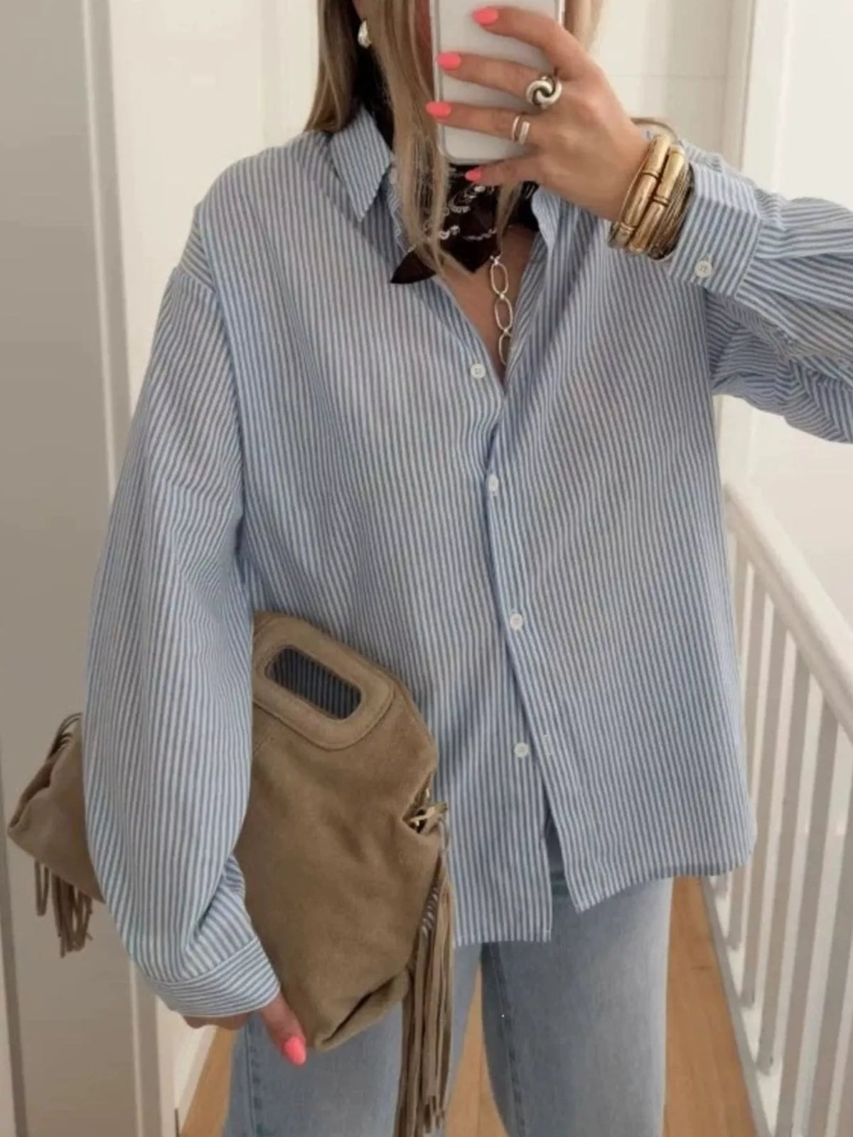 Bally Love blue striped button down shirt, front view