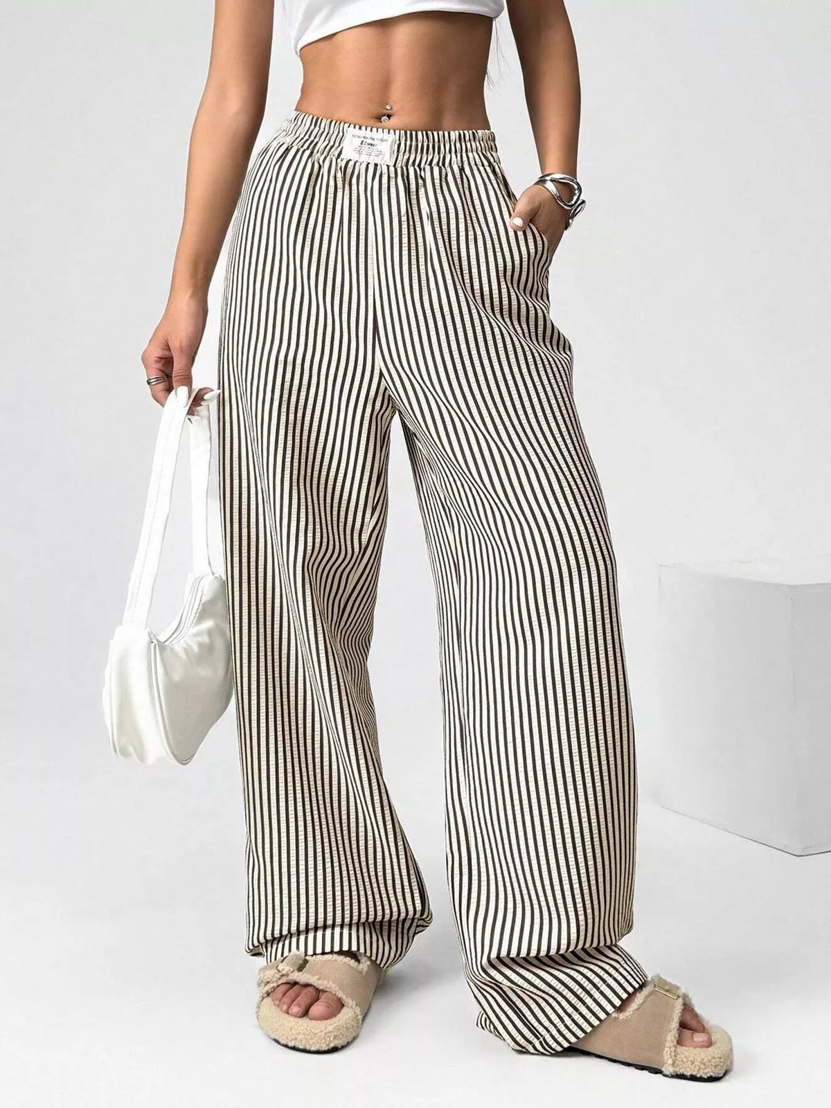 Striped high waist wide leg pants, styled outfit