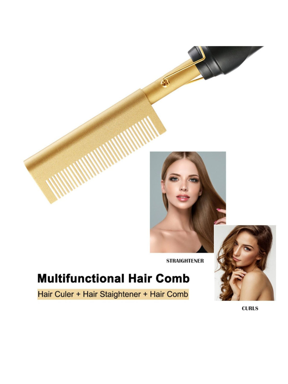 Straightening comb in use on hair