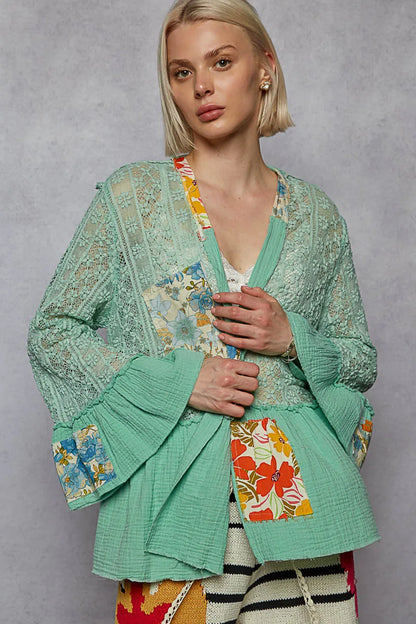 POL Lace Ruffled Hem Open Front Cardigan MINT GREEN - Fashorio