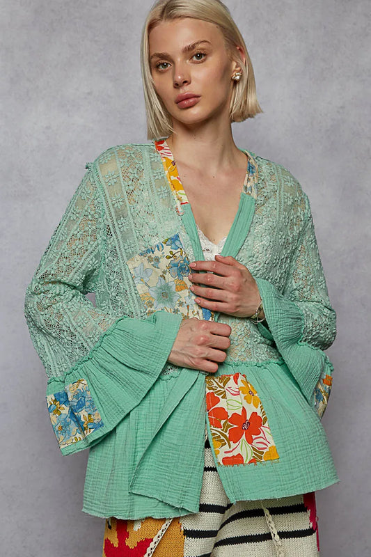 POL Lace Ruffled Hem Open Front Cardigan MINT GREEN - Fashorio