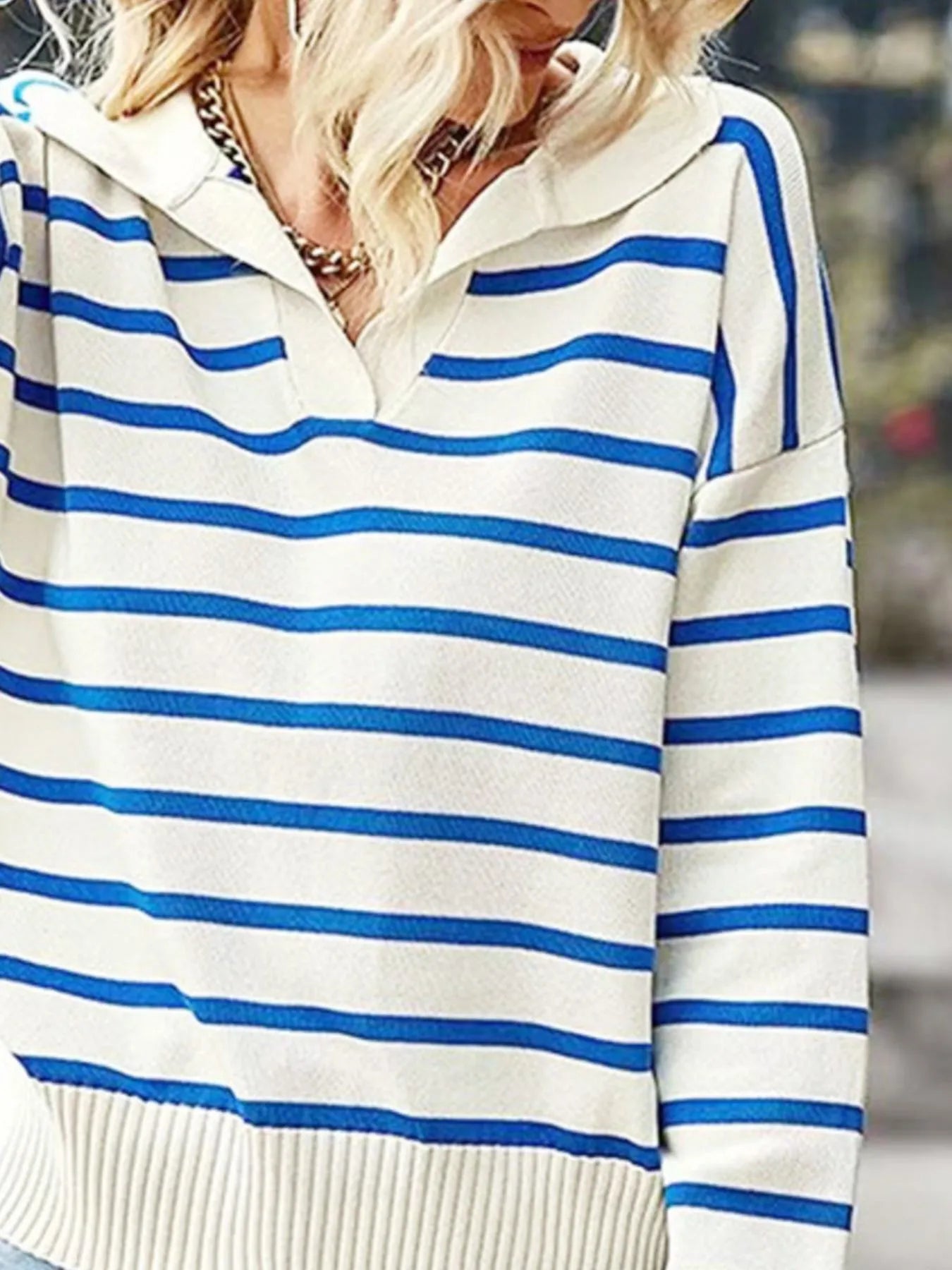 Ribbed Hem Long Sleeve Striped Sweater - Fashorio