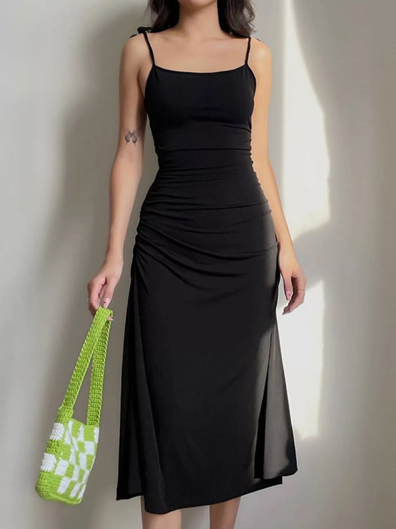 Vela ruched tie shoulder midi dress in black, front view