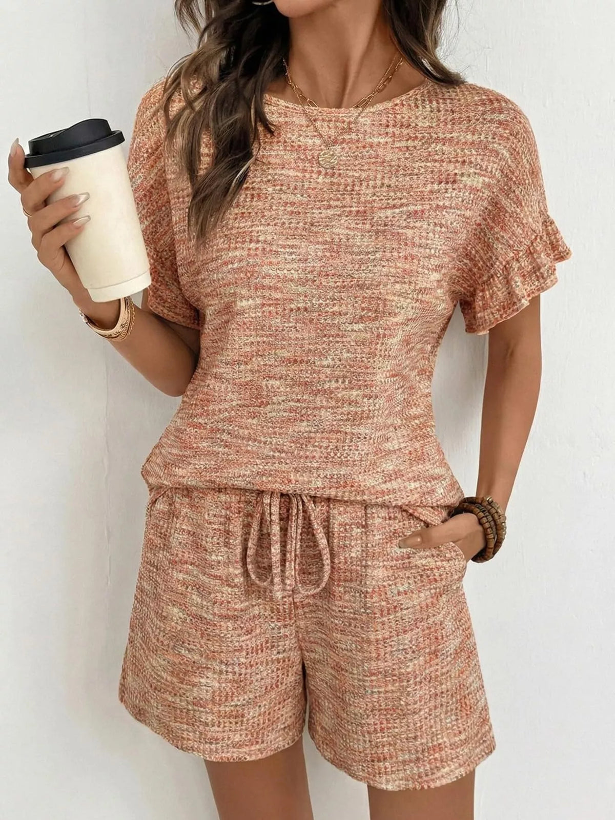 Ruffle Sleeve Textured Top and Shorts Set, view 19