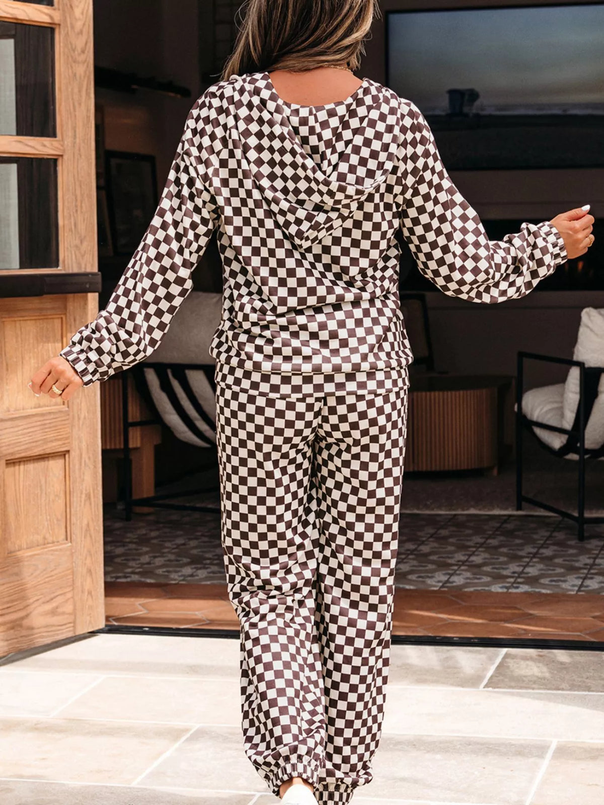 Checkered Drawstring Hoodie and Pants Set back view