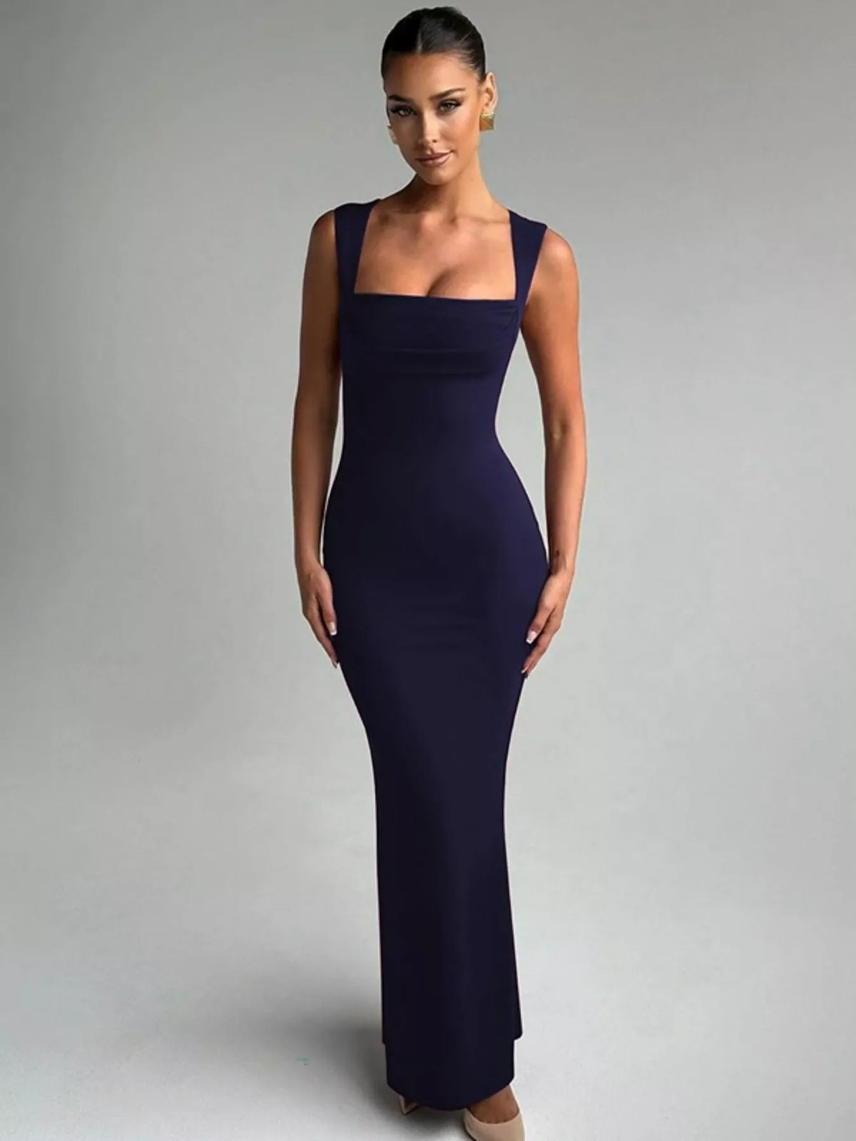 Square neck dress shown in navy blue