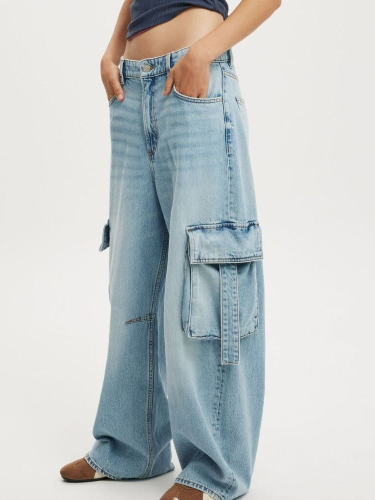 Vintage Wash Wide Leg Cargo Jeans, view 6