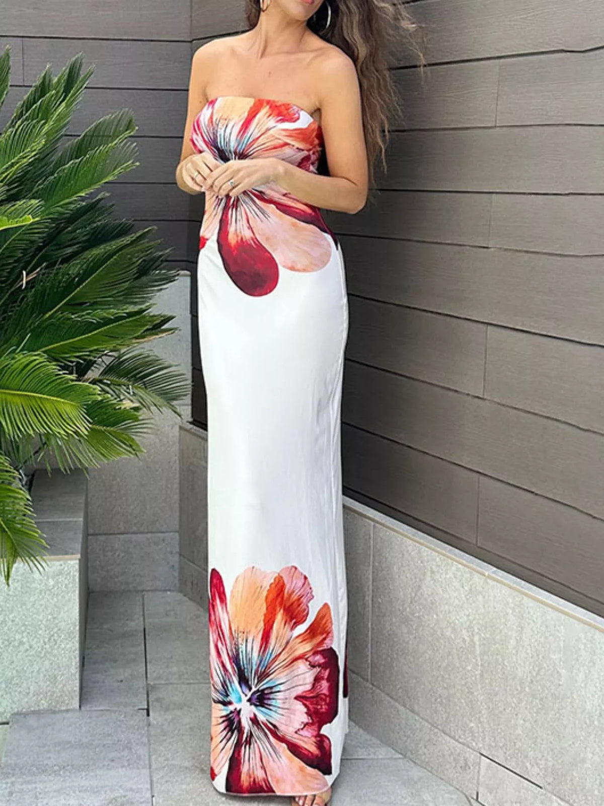 floral strapless bodycon maxi dress styled outfit view