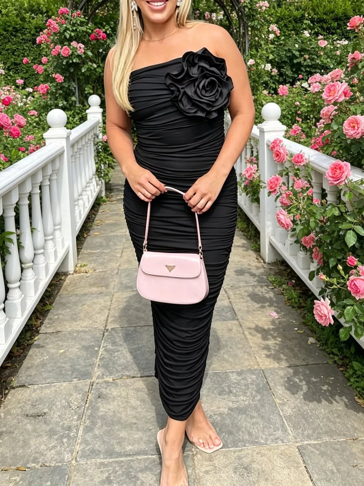 floral ruched strapless bodycon midi dress close up
