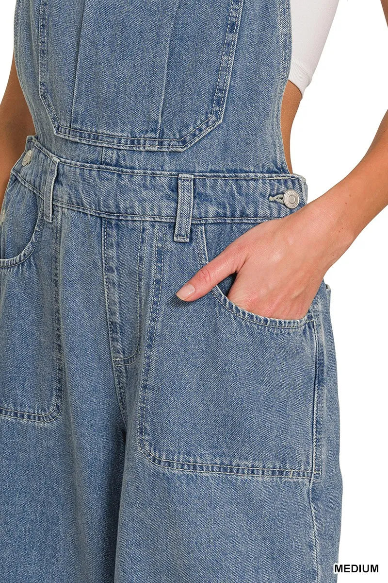 Zenana Denim Medium Washed Wide Leg Overalls - Fashorio