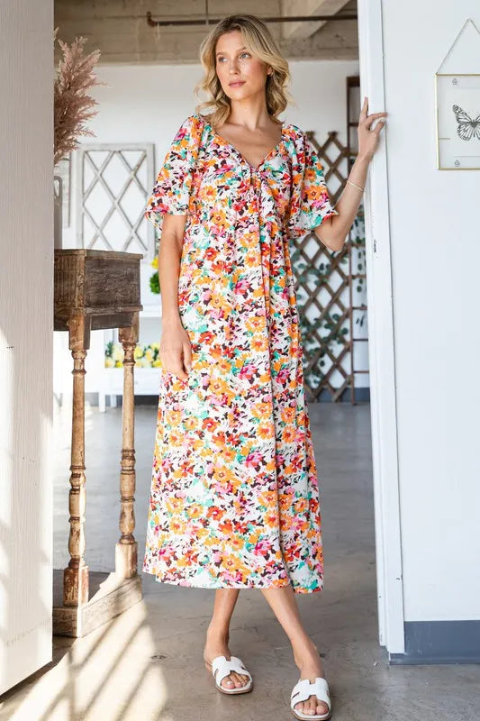 Floral Print Sweetheart Neck Tie Front Midi Dress