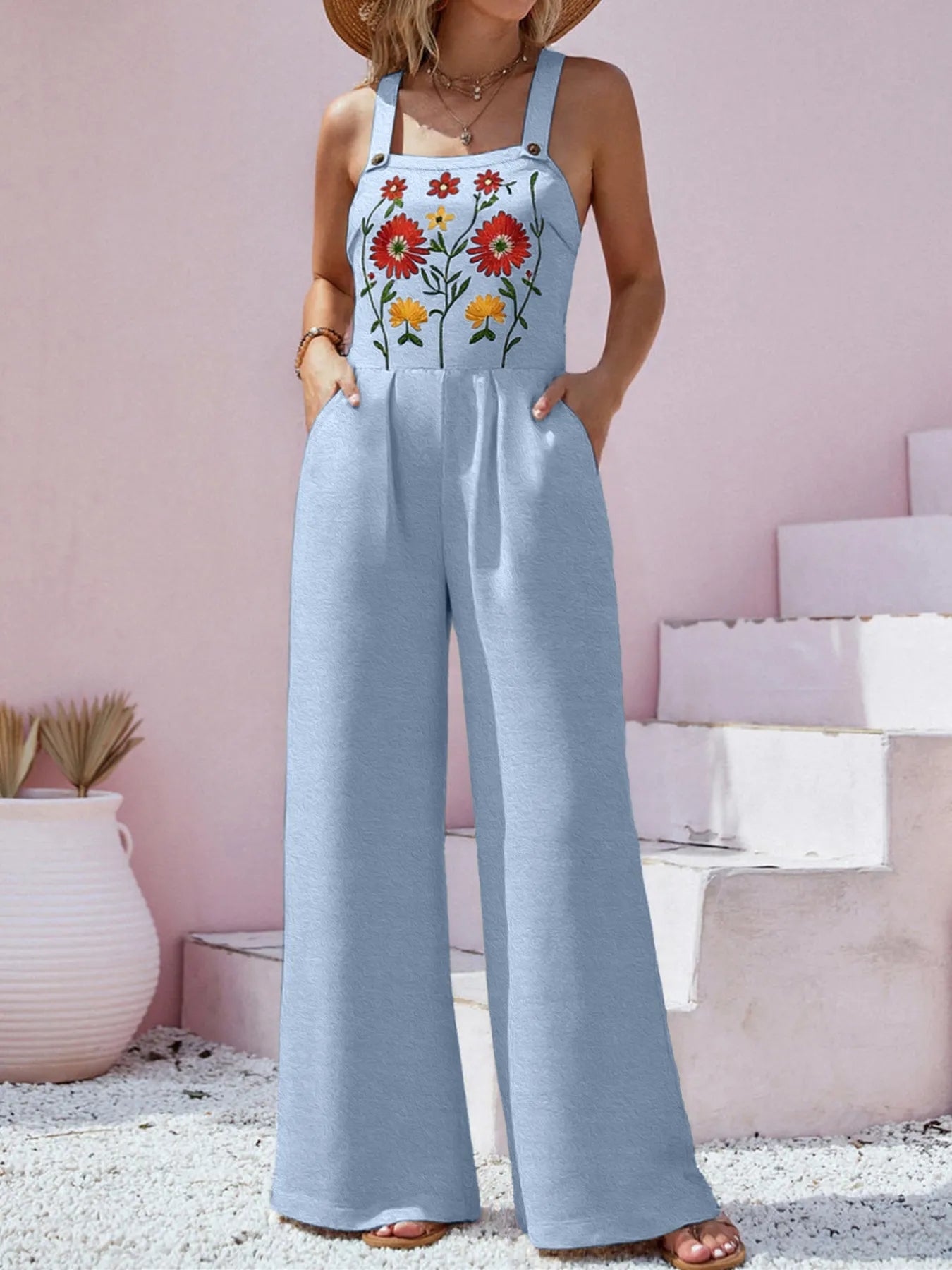 Floral Embroidered Wide Leg Jumpsuit - Fashorio