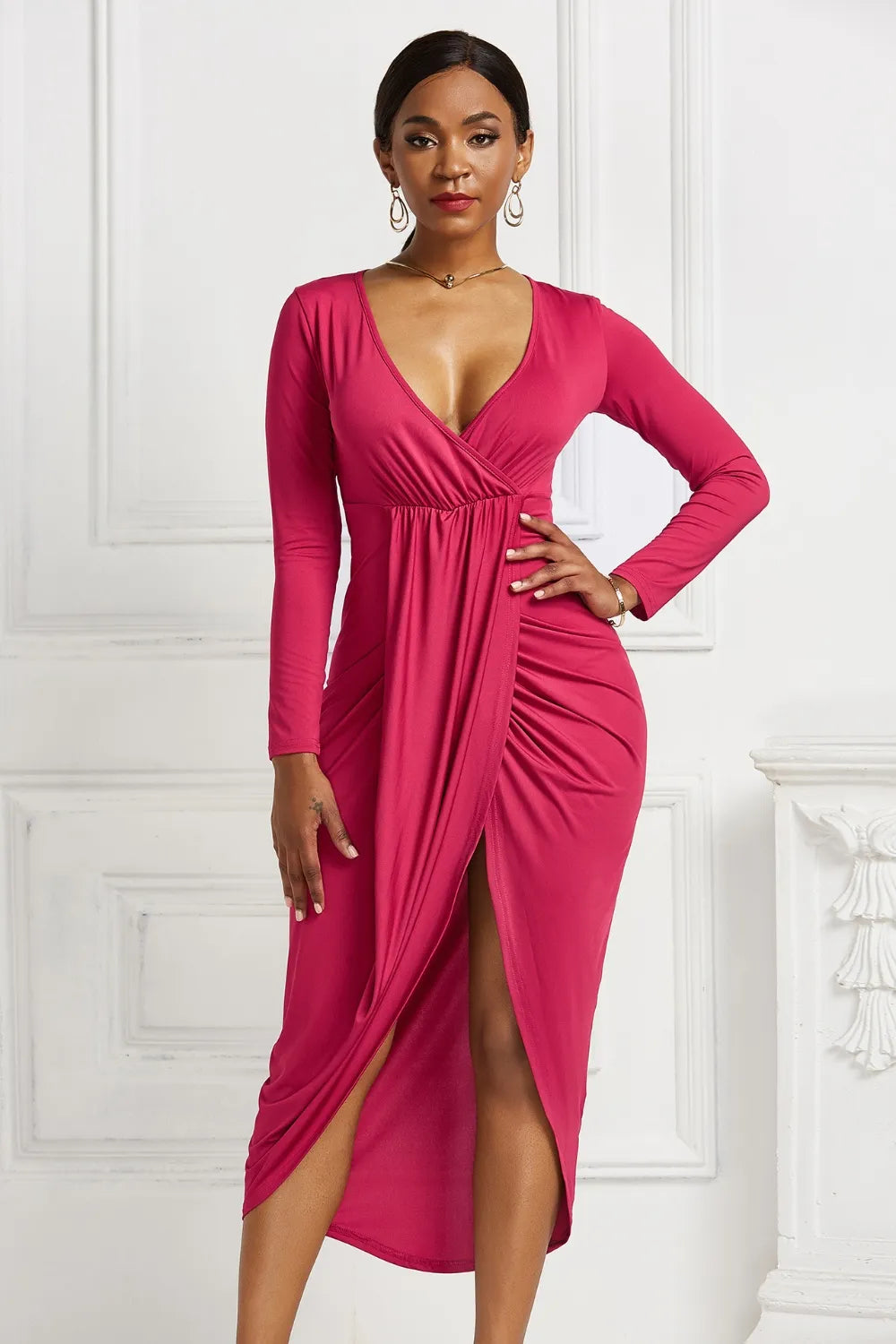 Ruched long sleeve dress side view with high low hem