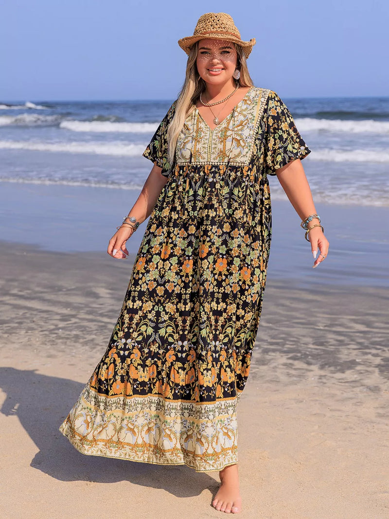 Plus size bohemian floral tiered maxi dress front view