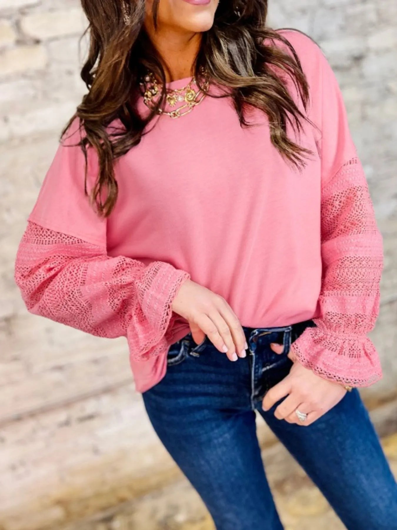Lace Detail Flounce Sleeve Sweatshirt - Fashorio