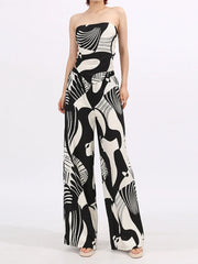 Abstract Print Tube Top and Wide Leg Pants Two-Piece Set Black - Fashorio