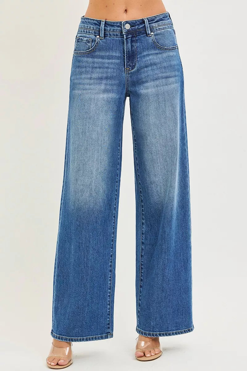 RISEN slouchy baggy jeans with pockets front view in medium blue