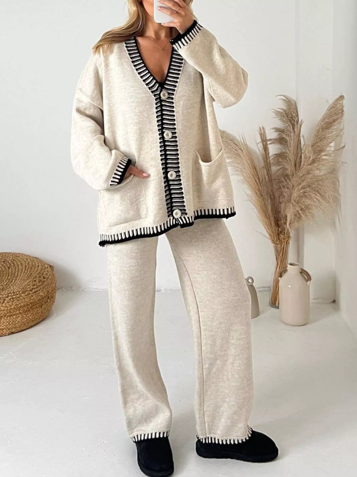 Beige button up V neck cardigan and pants sweater set