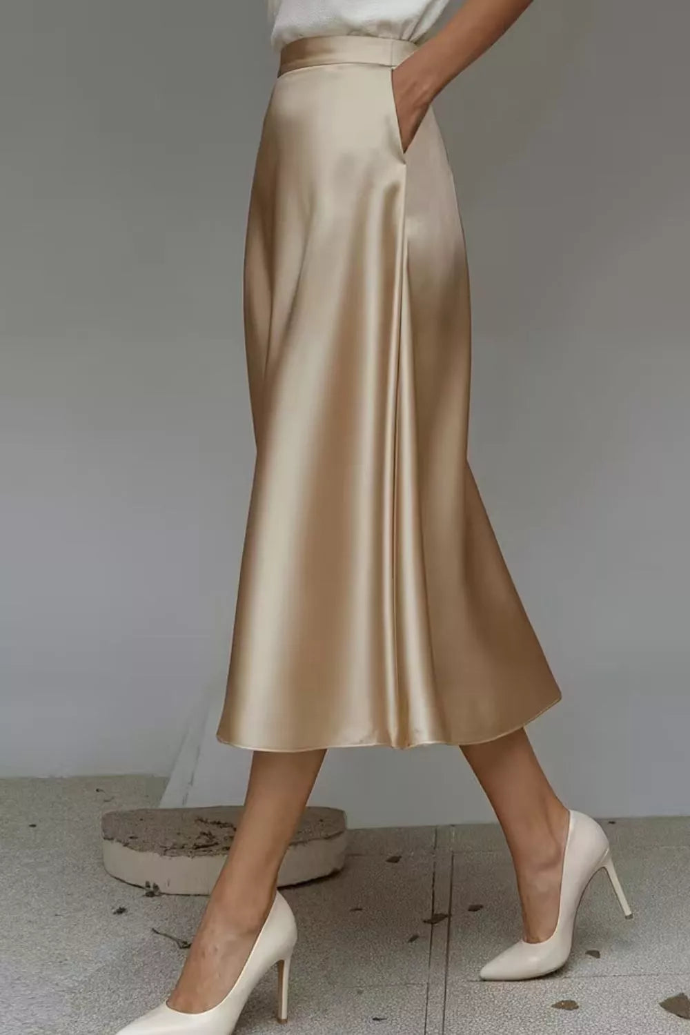Satin A line midi skirt styled look