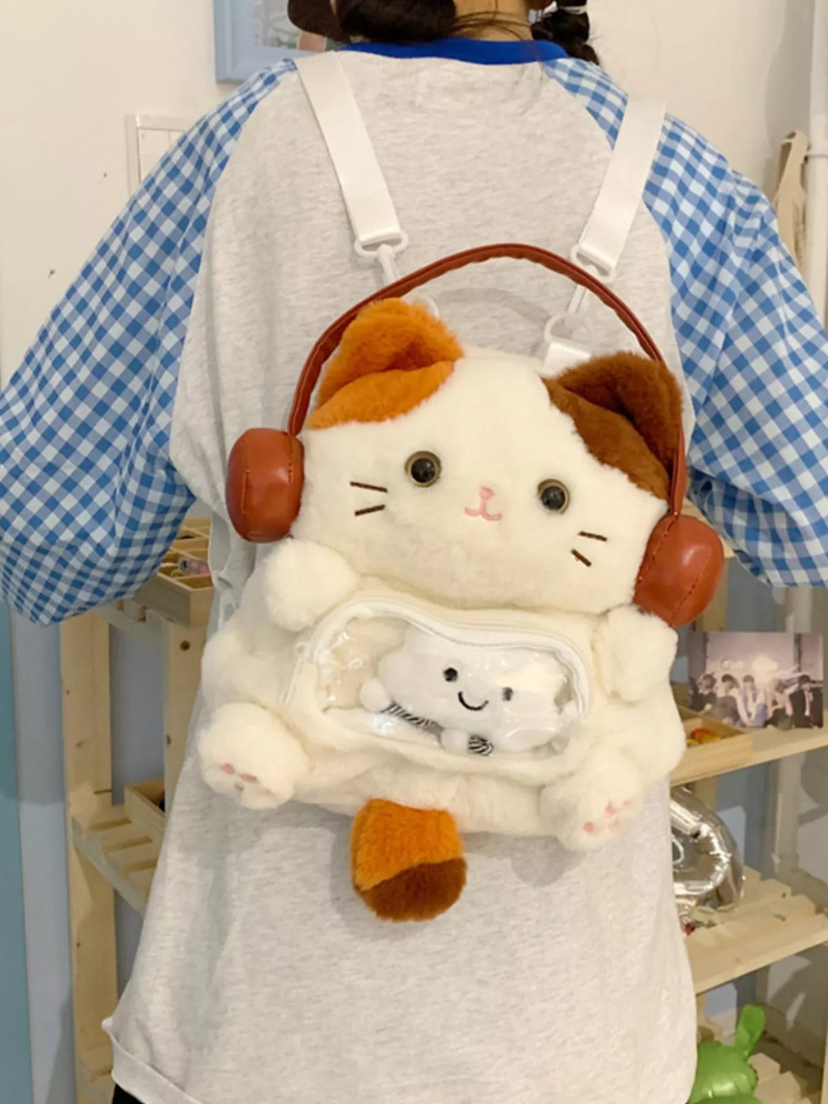 Cat plush velvet mini backpack back and straps