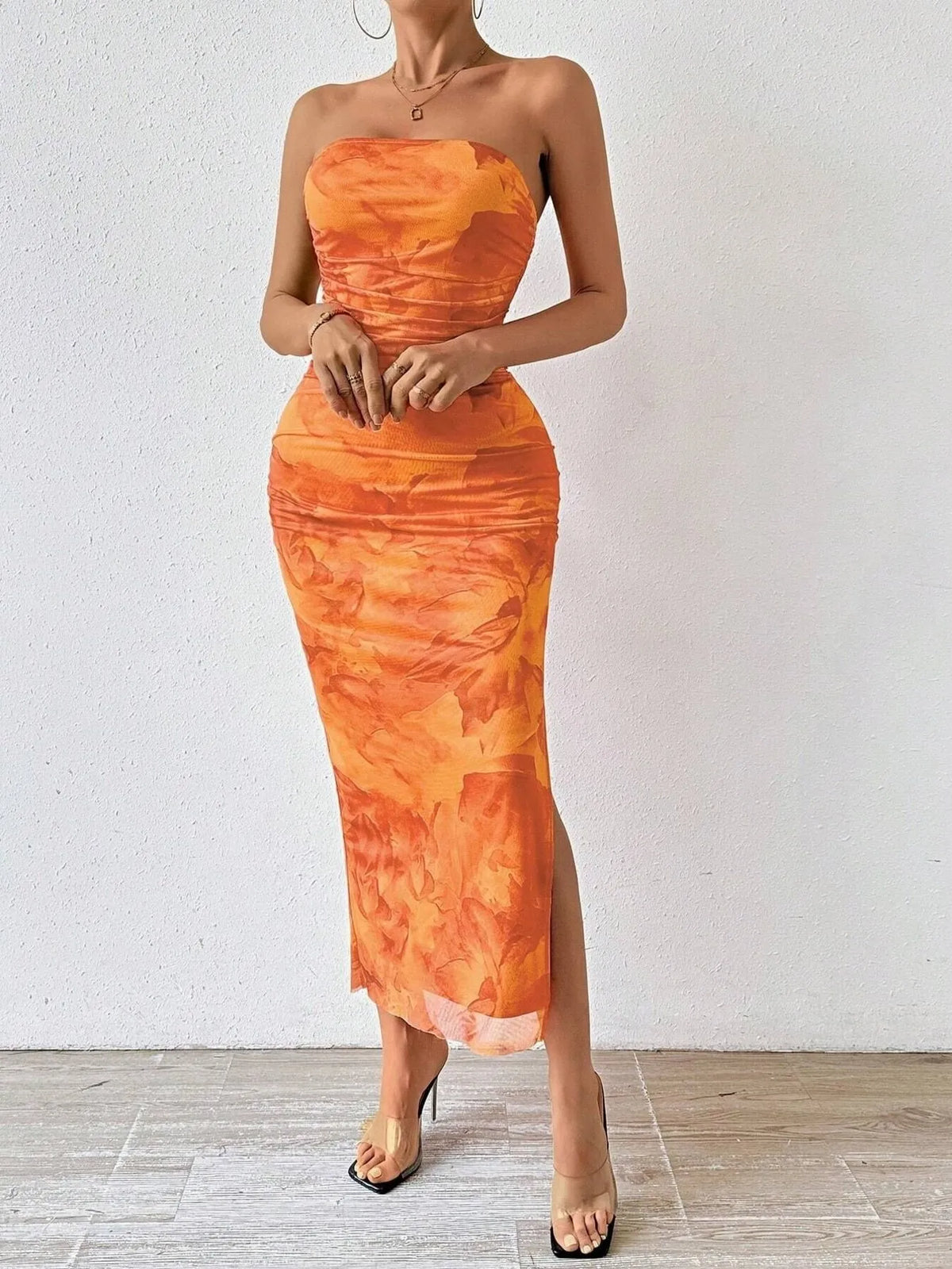 Printed side slit tube maxi dress front view
