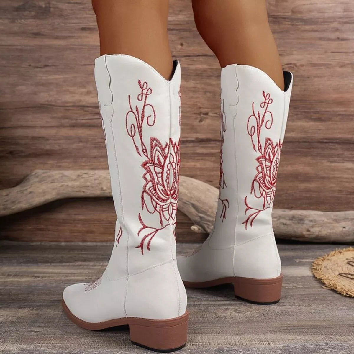 Embroidered western block heel boots upper close up