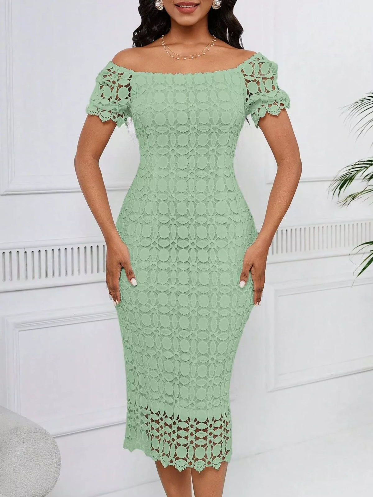 lace short sleeve midi dress fabric detail
