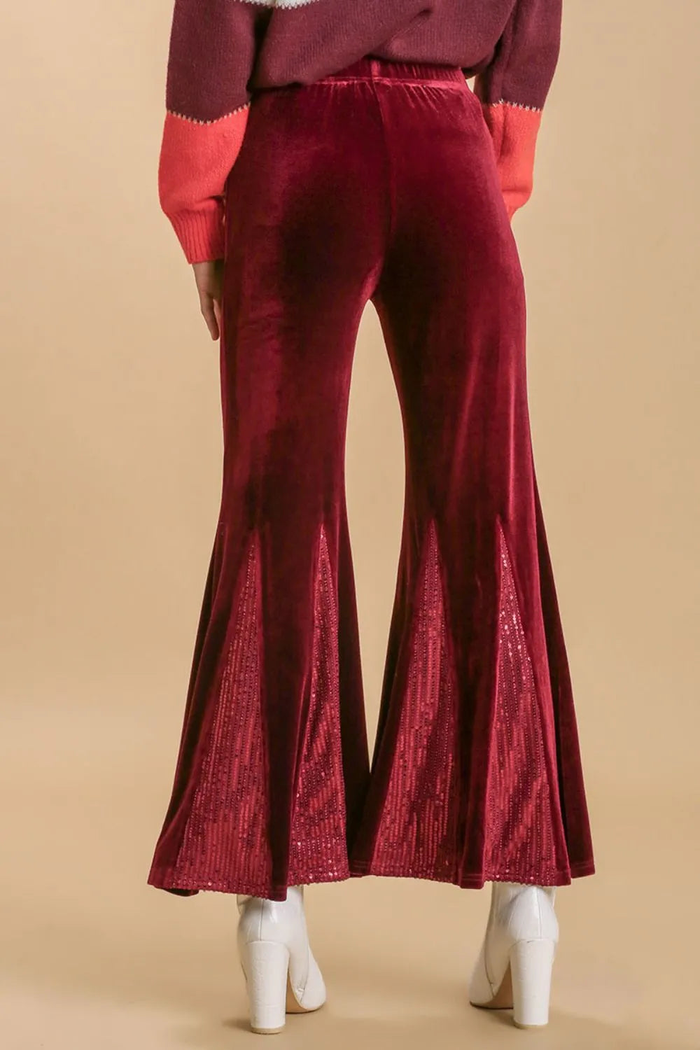 Umgee Full Size Sequin Elastic Waist Velvet Stretch Flare Leg Pants Plus Size - Fashorio