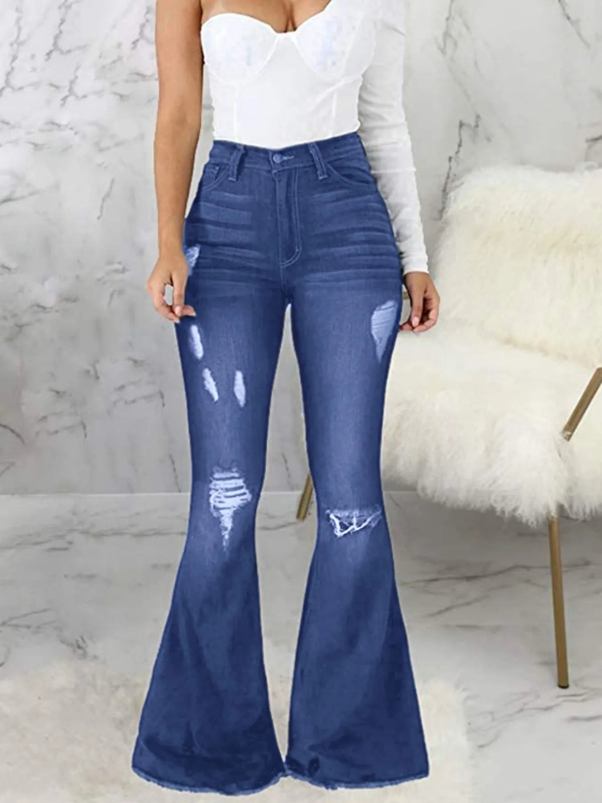 Plus Size Distressed Raw Hem Flare Jeans, view 10