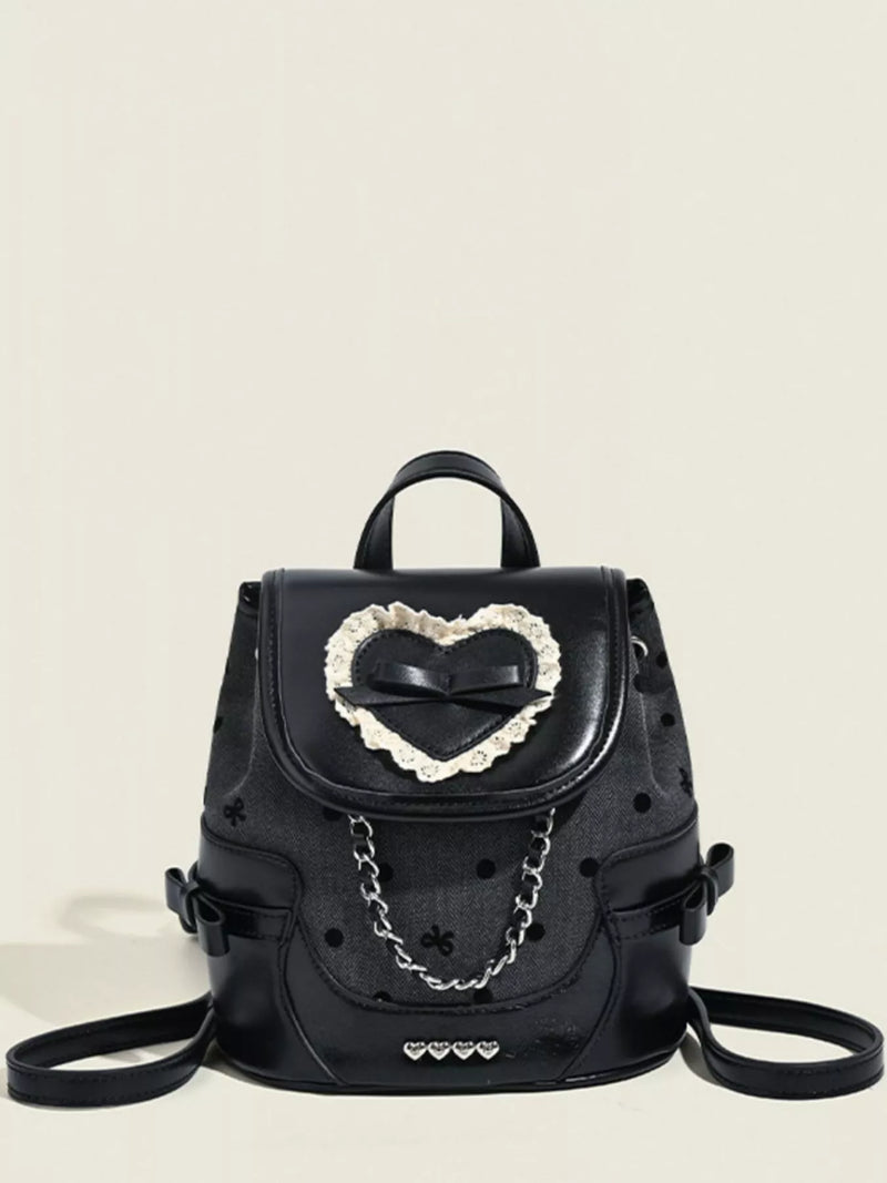 Black heart decor chain detail mini backpack front view