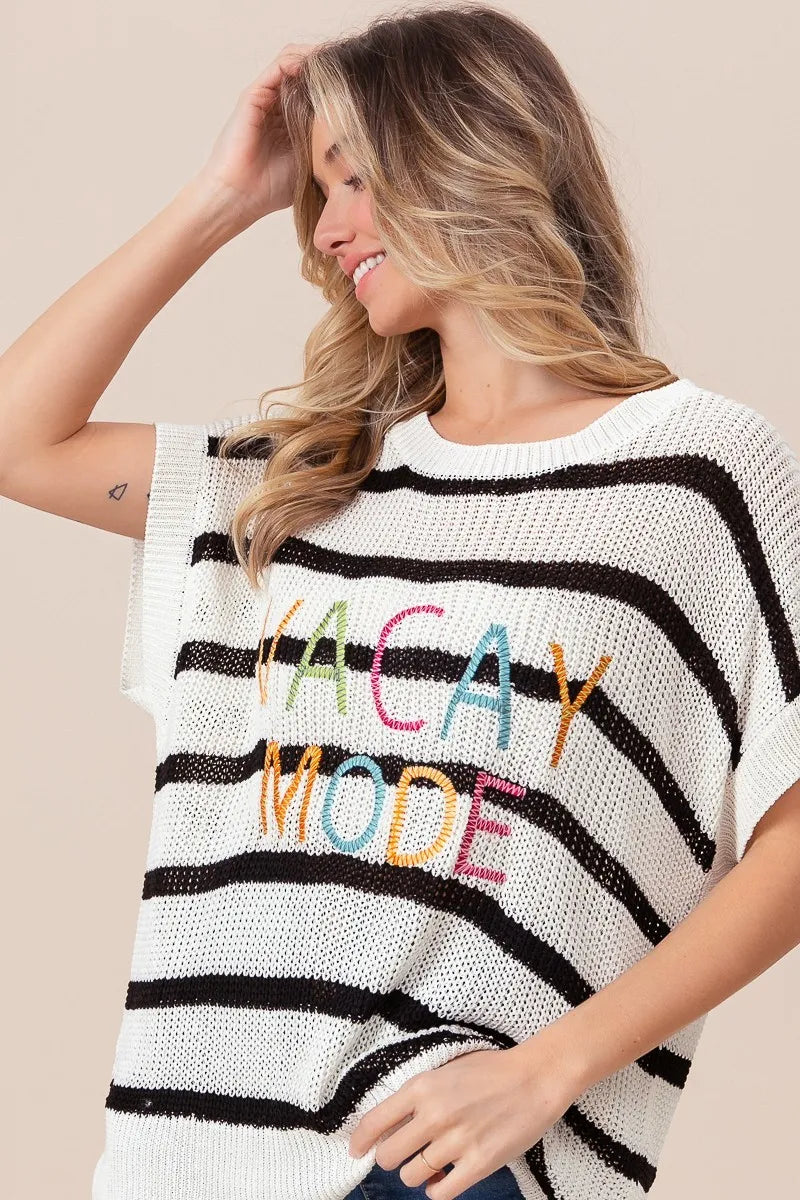 BiBi Vacay Mode Lettering Drop Shoulder Striped Sweater - Fashorio