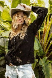 BiBi V Neck Sweater Top With Button Details BLACK - Fashorio