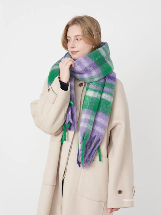 Fringe Plaid Polyester Scarf Purple White Green plaid One Size - Fashorio