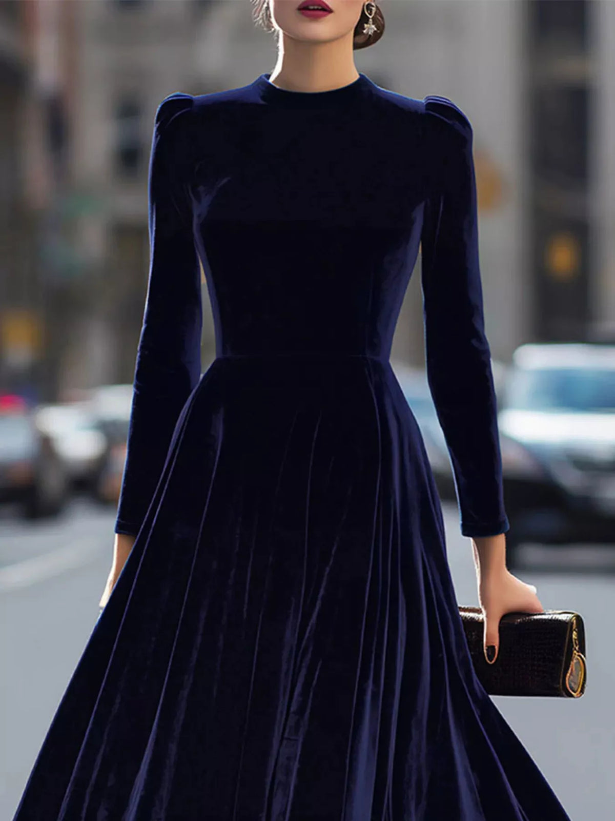 velvet long sleeve A line dress side view