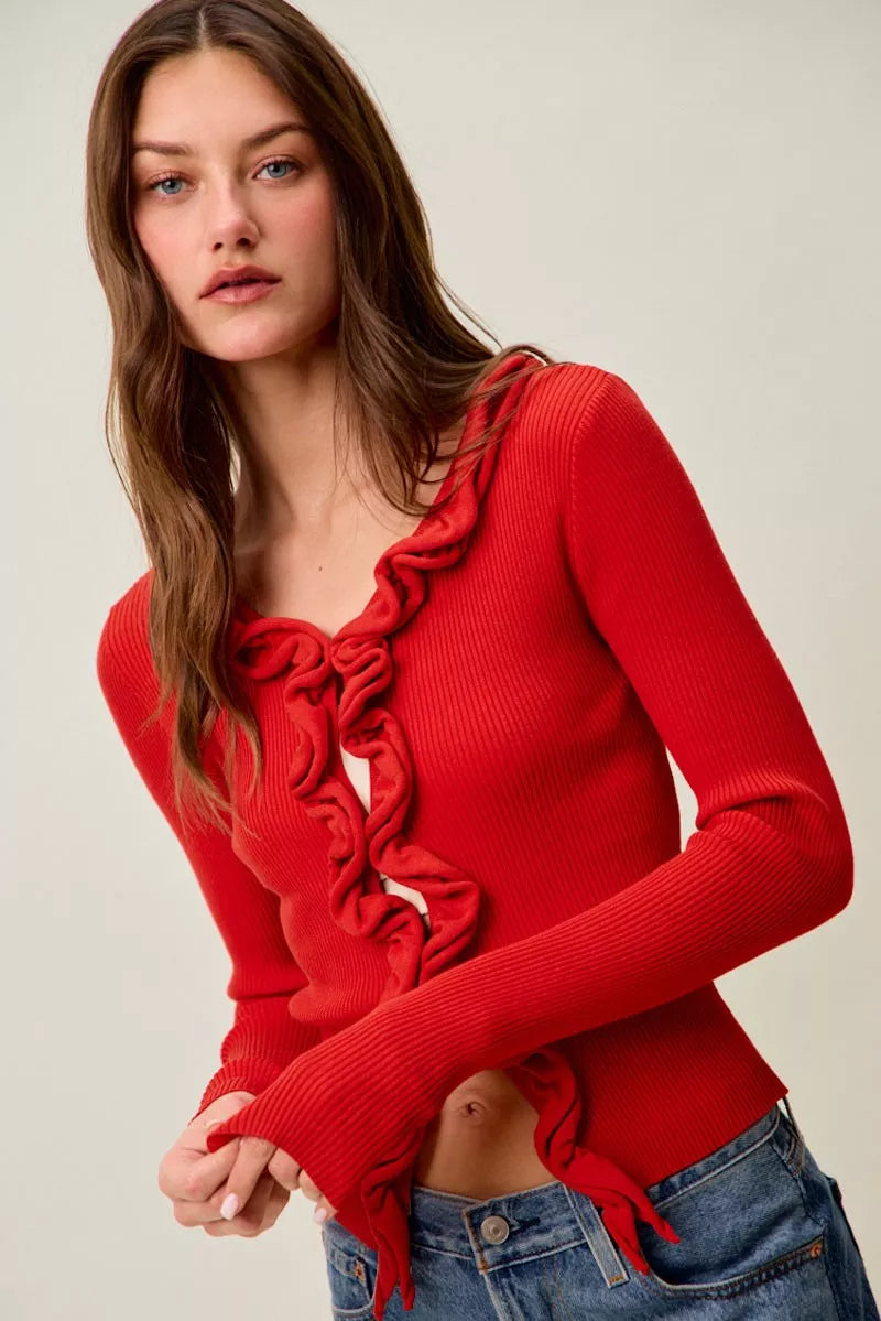 Ruffle front ribbed cardigan draped styling
