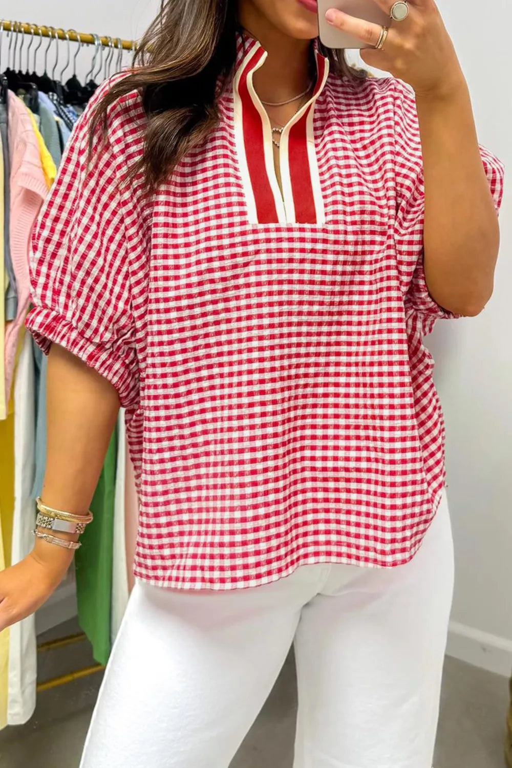 gingham half sleeve blouse detail view