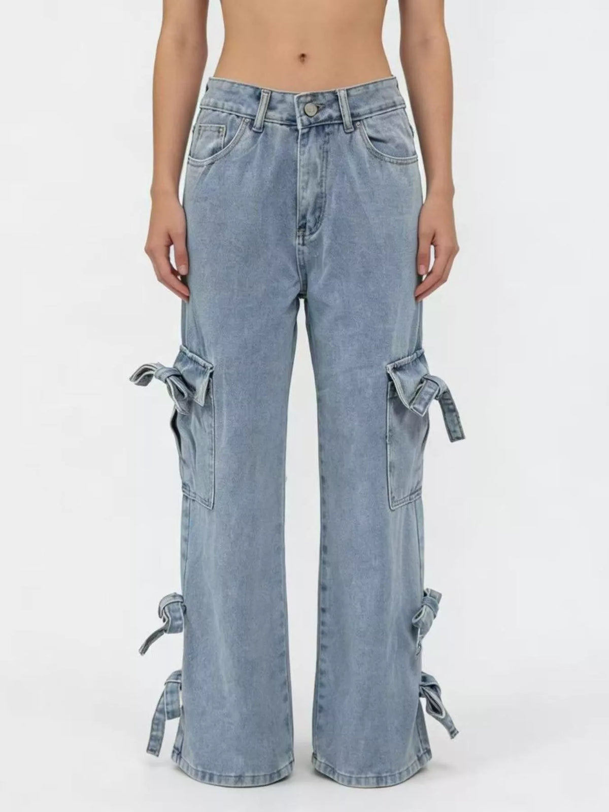 Model wearing bow wide leg denim