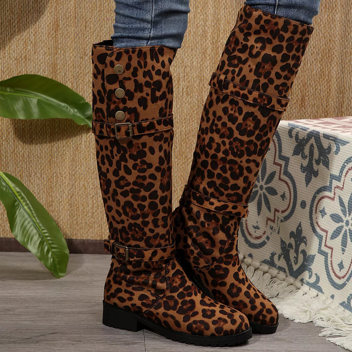 Leopard print block heel boots side profile