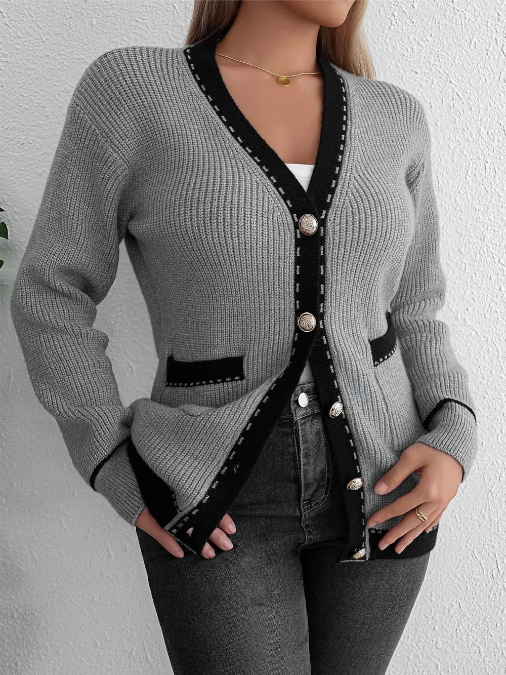 Contrast Trim Button Up Long Sleeve Cardigan - Fashorio