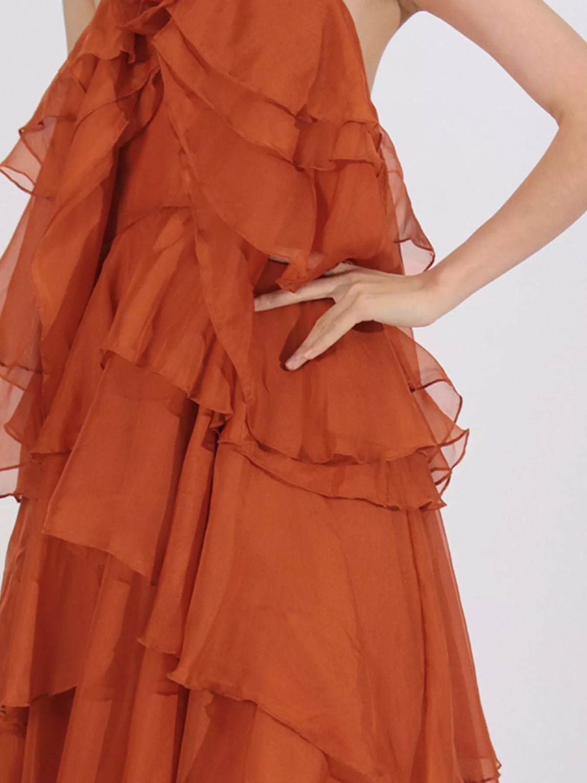 Ruffled chiffon halter neck maxi dress styled full length