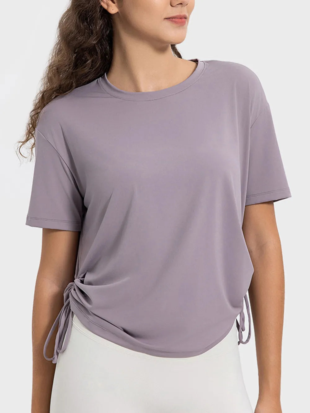 drawstring round neck active tee full length view