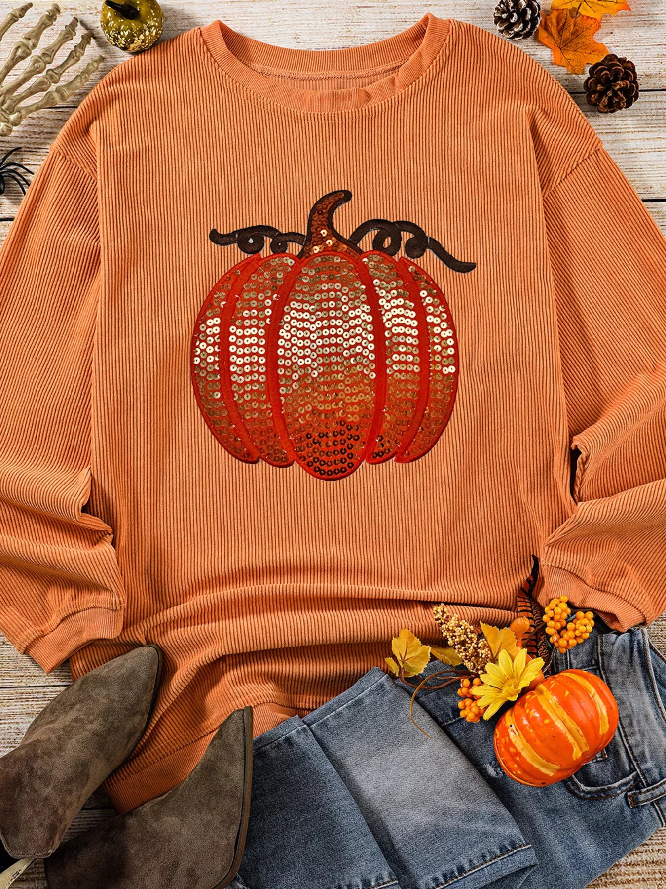 Halloween Sequined Pumpkin Ribbed Round Neck Sweatshirt - Fashorio
